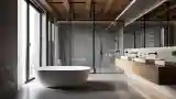 Minimalist bathroom with raw concrete and wood