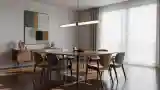Wnętrze jadalnia z drewnem i szkłem