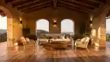 Elegancki balkon z drewnem i cegłą