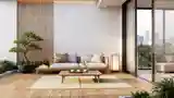 Japandi Terrace with Warm Wood and Soft Textiles