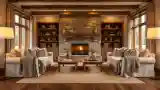 Sofa in a rustic stone fireplace ambiance