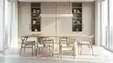 Elegancka jadalnia z drewnem i światłem