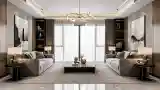 Elegant Living Room with Marble and Wood