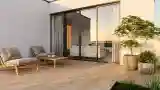 Japandi Terrace with Wood and Cream Stone