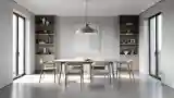Wnętrze jadalnia z drewnem i betonem