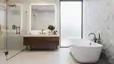 Minimalist Bathroom with Warm Wood and Gold Accents