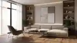 Minimalistowy salon z drewnem i bielą