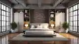 Exposed Concrete Ceiling, Brick Wall Bedroom