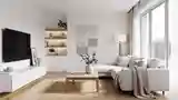 Scandinavian Living Room with Wood and White Marble