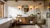 Rustic Bathroom with Wood and Stone