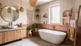 Bohemian Bath with Hand-Painted Tiles and Warm Wood