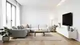 Minimalistowy salon z drewnem i szarą sofą
