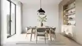 Stylowa sala posiłków z drewnem