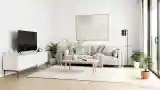 Scandinavian Living Room with Wood and White Marble