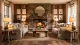 Sofa w salonie z kominkiem