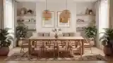 Elegancka sala przyjęć z drewnem i roślinami