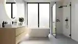 Spacious Bathroom with Warm Wood Accents
