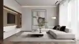 Minimalistowy salon z drewnem i bielą